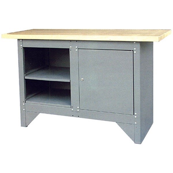 Kovový pracovní stůl s 2 odkládacími prostory a uzamykatelnou skříňkou šedý