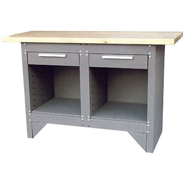Kovový pracovní stůl s 2 zásuvkami a 2 spodními odkládacími prostory šedý