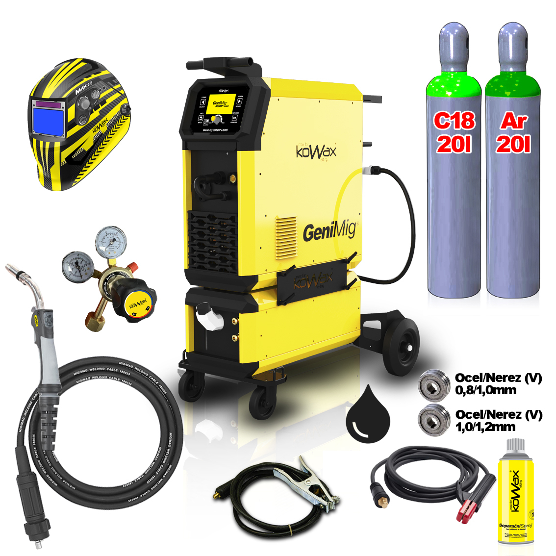 KOWAX GeniMig355DP LCD5 + Vodní chlazení + Kukla + Hořák + Láhev Co2 + Láhev Argon KWXSTGM355DP_S04Q